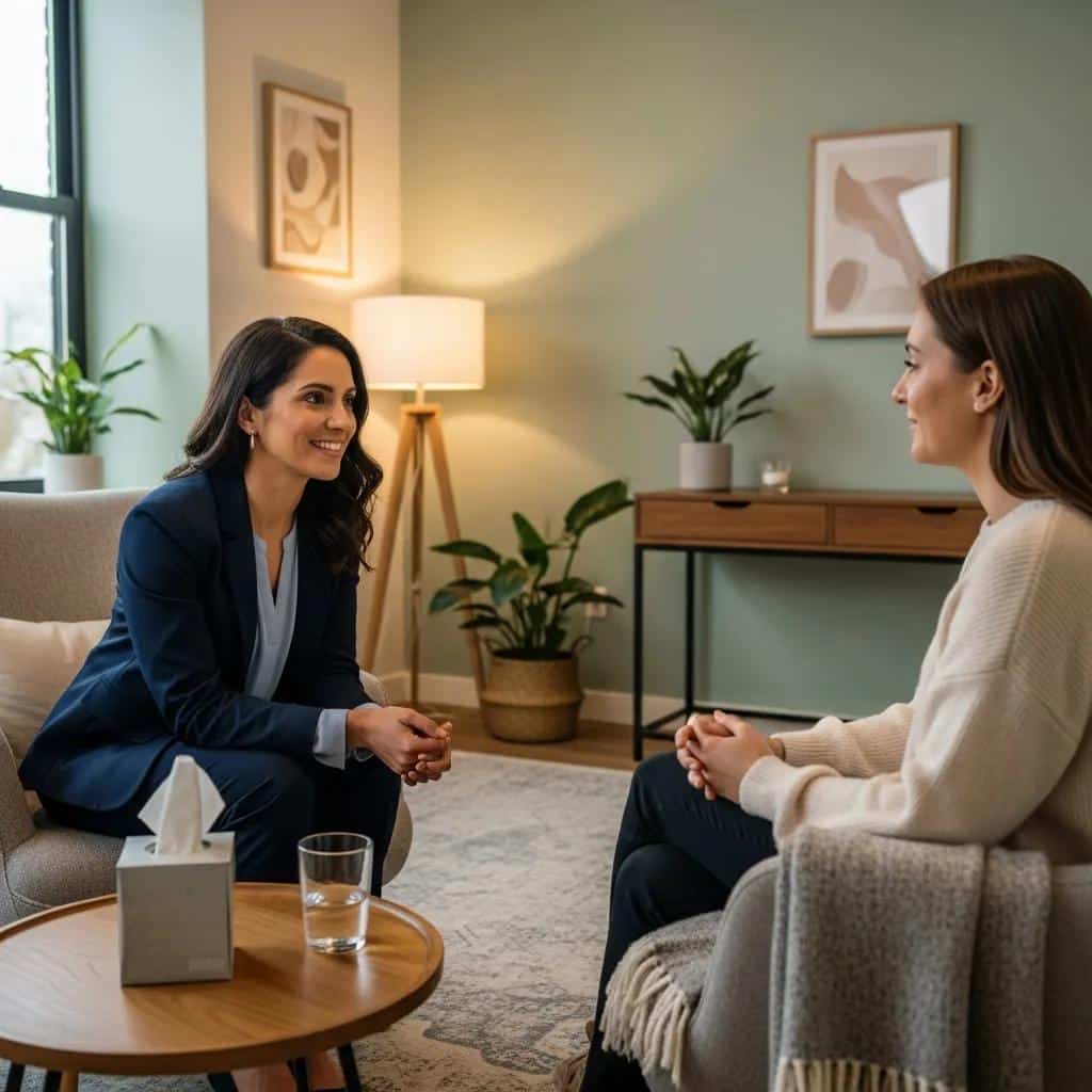 Healthcare professional providing empathetic support to a woman in a therapy session, illustrating trauma-informed care