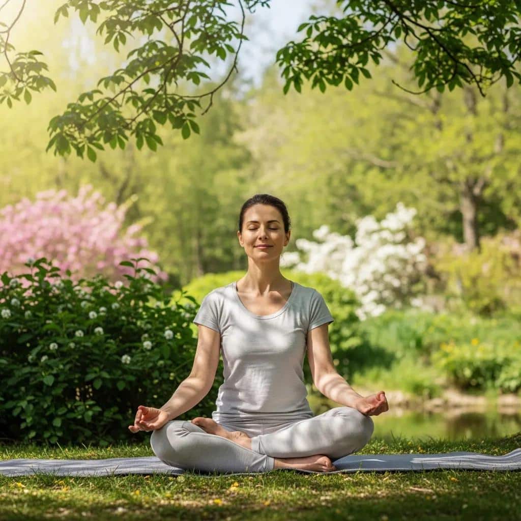 Mother practicing yoga outdoors, representing holistic wellness and the mind-body connection in postpartum recovery
