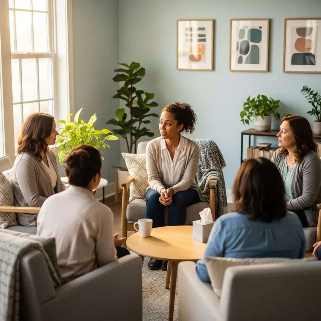 Mothers participating in a supportive group therapy session, highlighting community and recovery in postpartum treatment