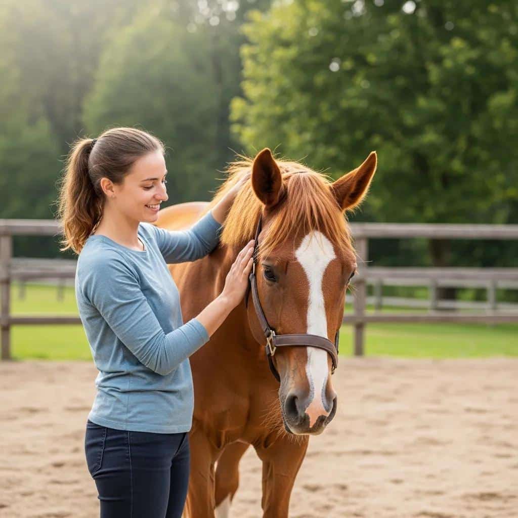 Participant experiencing emotional regulation through interaction with a horse in therapy