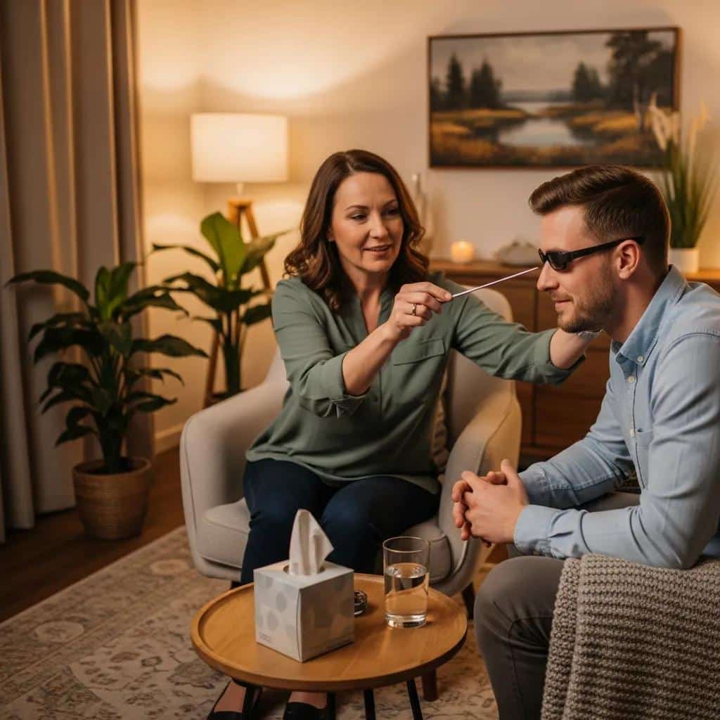 Therapist guiding a client through EMDR therapy in a warm and inviting therapy room