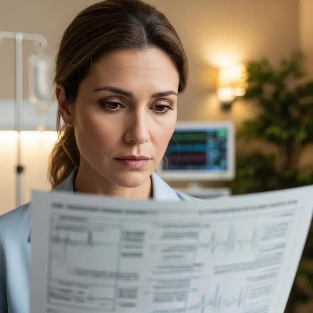 Woman examining a medical chart, reflecting on her health concerns in a supportive environment