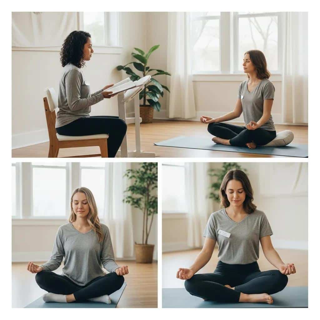 Woman practicing mindfulness in a tranquil therapeutic setting, emphasizing trauma-informed care