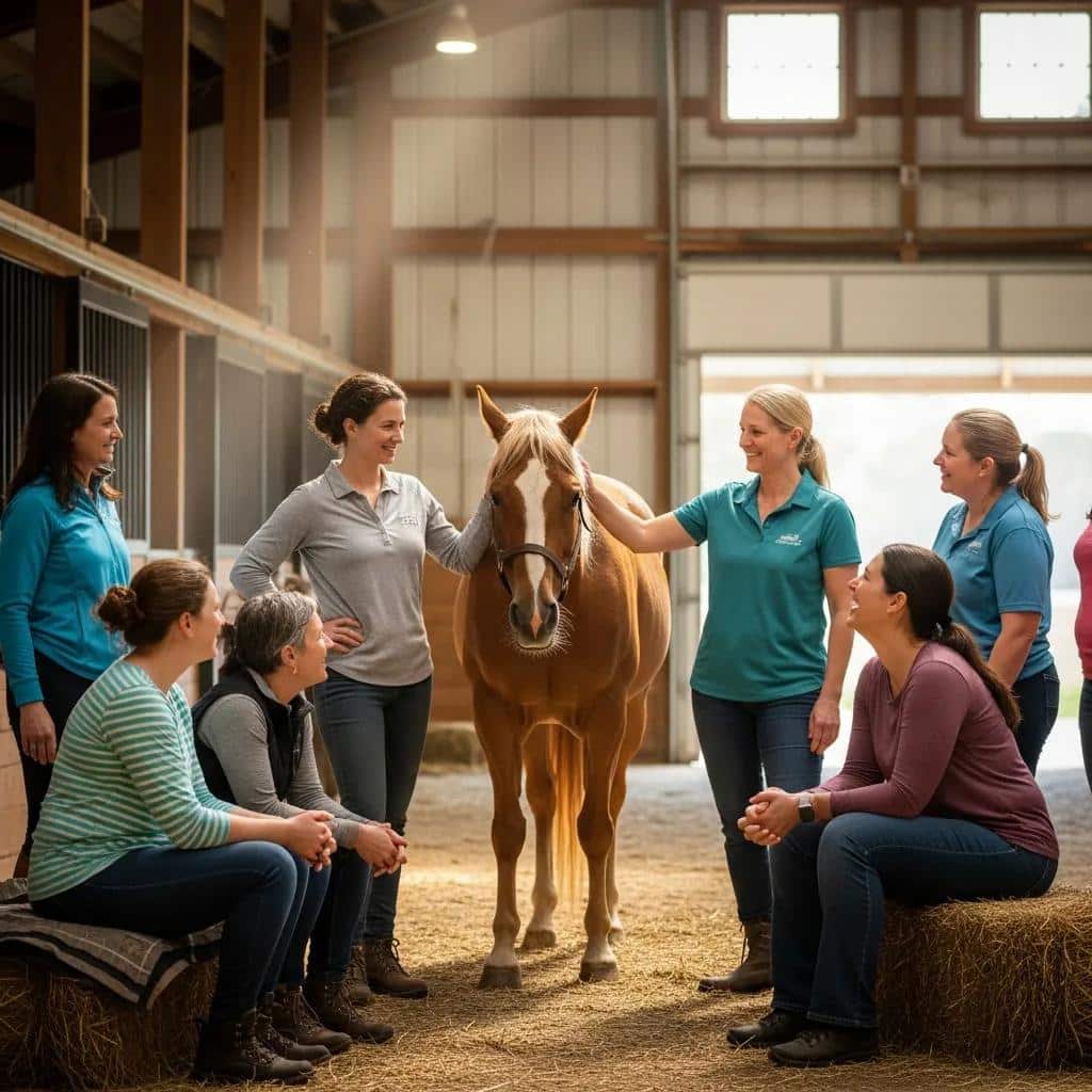 Women engaging in equine therapy, fostering community and support in a therapeutic setting