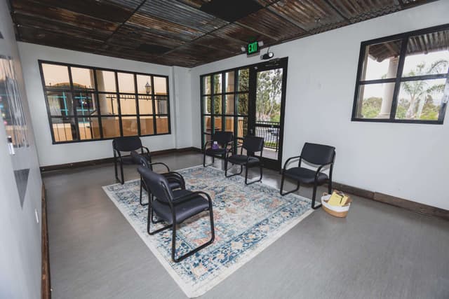 Bright room with chairs set around a patterned rug and tall windows